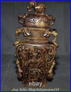 10.2 Ancient Chinese Xiu Jade Carved Dynasty Elephant Lid Dragon Bottle Vase
