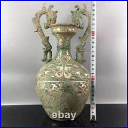 10.2 Chinese old antique bronze ware silver plated Double dragon bottle vase