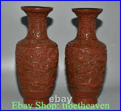 10.2 Marked Old Chinese lacquerware Dynasty Palace Dragon Bottle Vase Pair