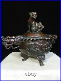 10.2 Qianlong Dynasty Bronze Ware Feng Shui Dragon Lion Incense Burner Censer