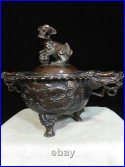 10.2 Qianlong Dynasty Bronze Ware Feng Shui Dragon Lion Incense Burner Censer