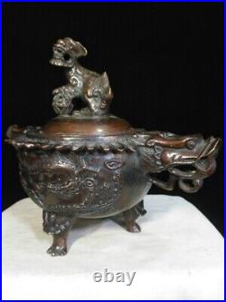 10.2 Qianlong Dynasty Bronze Ware Feng Shui Dragon Lion Incense Burner Censer