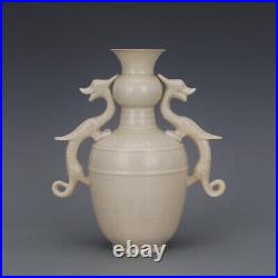 10.3 Good Chinese Porcelain Ding Kiln White Glaze Dragon Two Ear Flower Vase