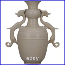 10.3 Good Chinese Porcelain Ding Kiln White Glaze Dragon Two Ear Flower Vase