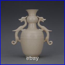 10.3 Good Chinese Porcelain Ding Kiln White Glaze Dragon Two Ear Flower Vase