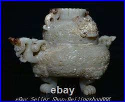 10.4 Antique Chinese Han Dy Hetian Jade Nephrite 5 Claw Dragon incense burner