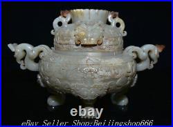 10.4 Antique Chinese Han Dy Hetian Jade Nephrite 5 Claw Dragon incense burner