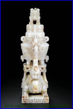 10.4 Old Chinese Hetian White Jade Nephrite 2 Dragon incense burner Bottle Pair