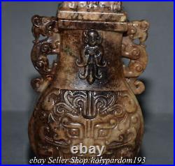 10.4 Old Chinese Xiu Jade Carved Dynasty Dragon Beast 2 Ear Bottle Vase Statue