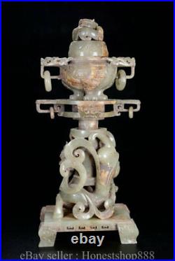 10.8 Antique Chinese Gao gu Hetian Jade Nephrite Dragon Phoenix Censer Pair