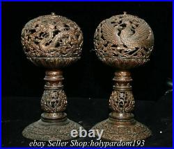 10.8 Old Chinese Bronze Bronze Fengshui Dragon Phoenix Candle stick Censer Pair