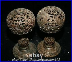 10.8 Old Chinese Bronze Bronze Fengshui Dragon Phoenix Candle stick Censer Pair