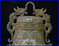 10 Ancient Chinese Bronze ware Silver 2 Dragon Bell Statue Sculpture