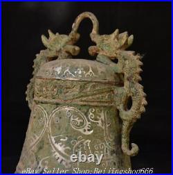 10 Ancient Chinese Bronze ware Silver 2 Dragon Bell Statue Sculpture