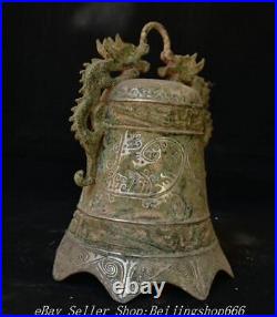 10 Ancient Chinese Bronze ware Silver 2 Dragon Bell Statue Sculpture