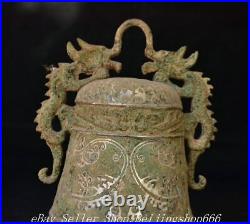 10 Ancient Chinese Bronze ware Silver 2 Dragon Bell Statue Sculpture