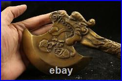 10'' Chinese Brass dragon head axe Old Bronze dragon axe sculpture
