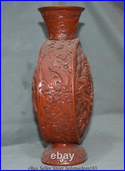 10 Marked Chinese Red lacquerware Carving Fly Dragon play Ball Pot Bottle Vase