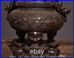 10 Marked Old Chinese Bronze Dynasty Dragon 3 Leg incense burner censer