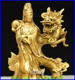 10 Old Chinese Buddhism Brass Copper Dragon GuanYin Kwan-Yin Buddha Statue