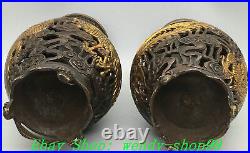 10 Old Chinese Dynasty Marked Bronze Gilt Dragon Phoenix Vase Bottle Pair