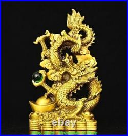 11.4'' Old Chinese Bronze Gilt Inlay Dragon Loong Yuanbao Money Coin Statue