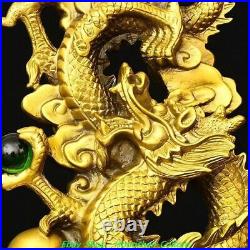 11.4'' Old Chinese Bronze Gilt Inlay Dragon Loong Yuanbao Money Coin Statue