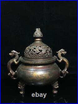 11.4 old chinese dynasty bronze double dragon ear three foot Incense Burners