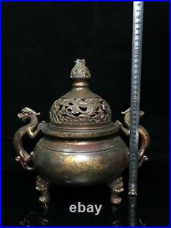 11.4 old chinese dynasty bronze double dragon ear three foot Incense Burners