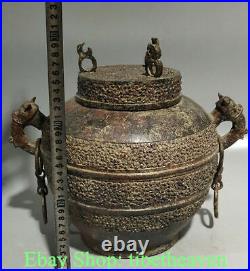 11.6 Antique Chinese Bronze Ware Dynasty Palace Dragon Beast Ear Tank Jar Pot