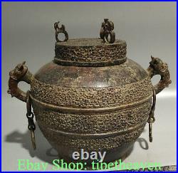 11.6 Antique Chinese Bronze Ware Dynasty Palace Dragon Beast Ear Tank Jar Pot