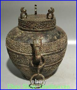 11.6 Antique Chinese Bronze Ware Dynasty Palace Dragon Beast Ear Tank Jar Pot