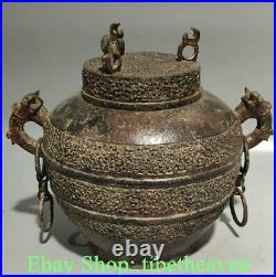 11.6 Antique Chinese Bronze Ware Dynasty Palace Dragon Beast Ear Tank Jar Pot