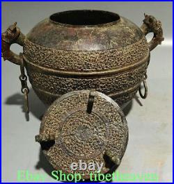 11.6 Antique Chinese Bronze Ware Dynasty Palace Dragon Beast Ear Tank Jar Pot