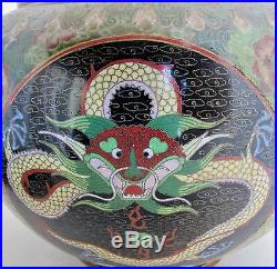 11.6 Vintage Chinese Green & Black Cloisonne Vase with Celestial DRAGONS & Stand