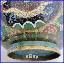 11.6 Vintage Chinese Green & Black Cloisonne Vase with Celestial DRAGONS & Stand