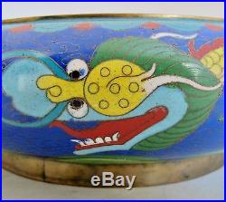 11.7 Antique Chinese Blue Cloisonne Squat Vase or Bowl with DRAGONS & Xuande
