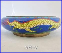 11.7 Antique Chinese Blue Cloisonne Squat Vase or Bowl with DRAGONS & Xuande