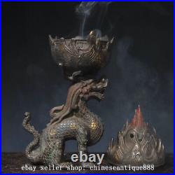 11.8'' Chinese Ancient Bronze Gilt Dragon Beast Dynasty Incense Burner Censer