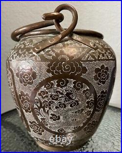 11 Chinese engraved figures dragon floral copper bucket pail with rustic prim