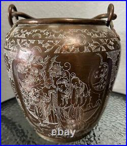 11 Chinese engraved figures dragon floral copper bucket pail with rustic prim