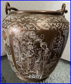 11 Chinese engraved figures dragon floral copper bucket pail with rustic prim