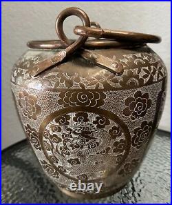 11 Chinese engraved figures dragon floral copper bucket pail with rustic prim