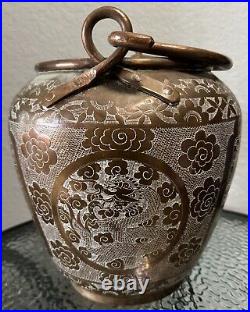 11 Chinese engraved figures dragon floral copper bucket pail with rustic prim