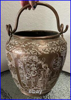 11 Chinese engraved figures dragon floral copper bucket pail with rustic prim