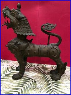 11 Lg BRONZE Chinese FOO DOG Guardian LION DRAGON Statue Sculpture METALWARE