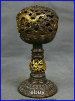 11 Old Chinese Bronze Gilt Dynasty Palace Dragon Hollow Out Sandalwood Burner