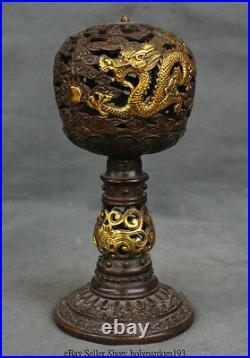 11 Old Chinese Bronze Gilt Dynasty Palace Dragon Hollow Out Sandalwood Burner