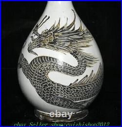 11'' Old Chinese Cizhou Kiln Porcelain Dynasty Dragon Loong Animal Bottle Vase