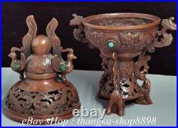 11 Old Chinese Red Copper Dragon Phoenix Handle frogs Incense Burner Censer